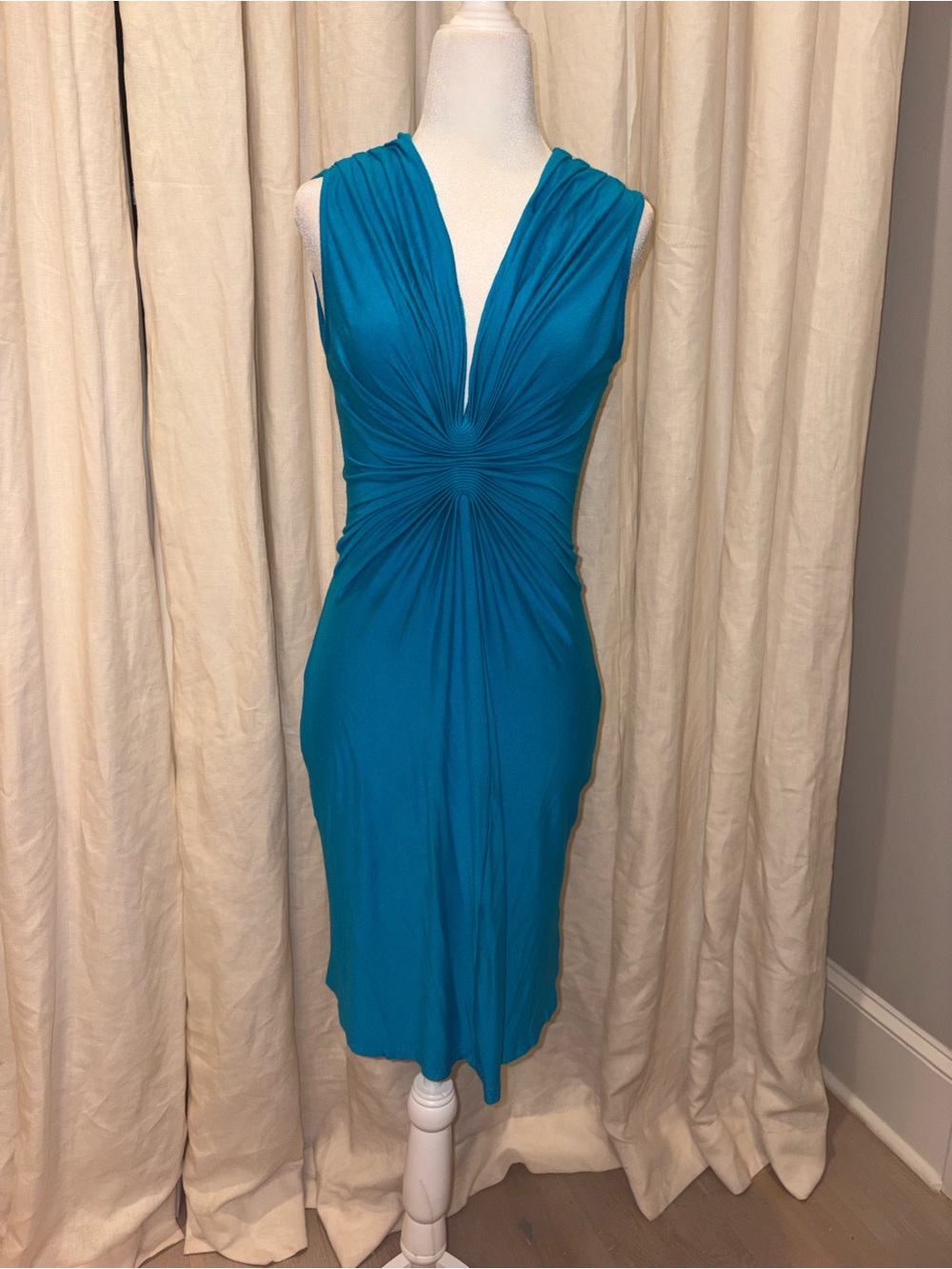 Sleeveless Teal Twist-Front V-Neck Flattering Dress Small